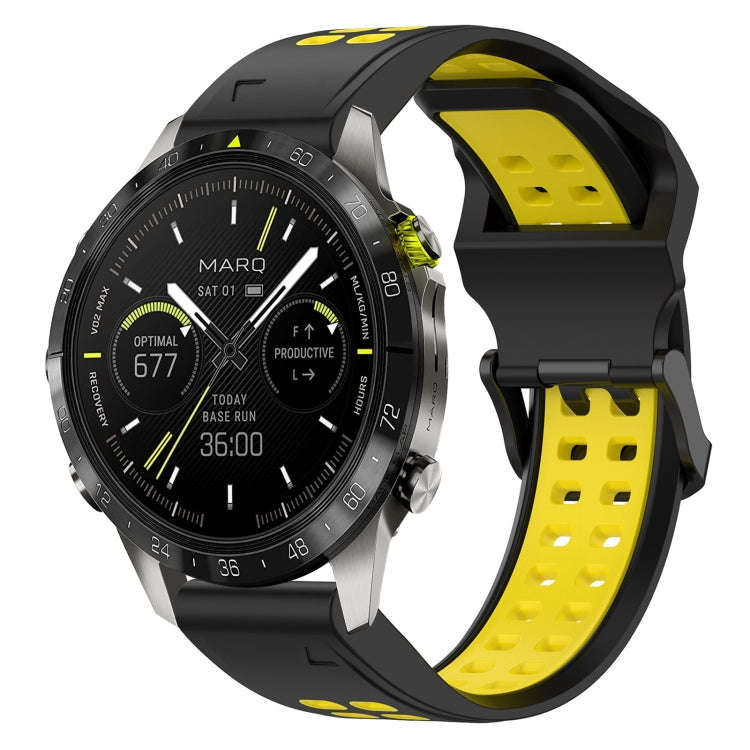 For Garmin MARQ Athlete (Gen 2) Two Color Reverse Buckle 22mm Silicone Watch Band(Black+Yellow)