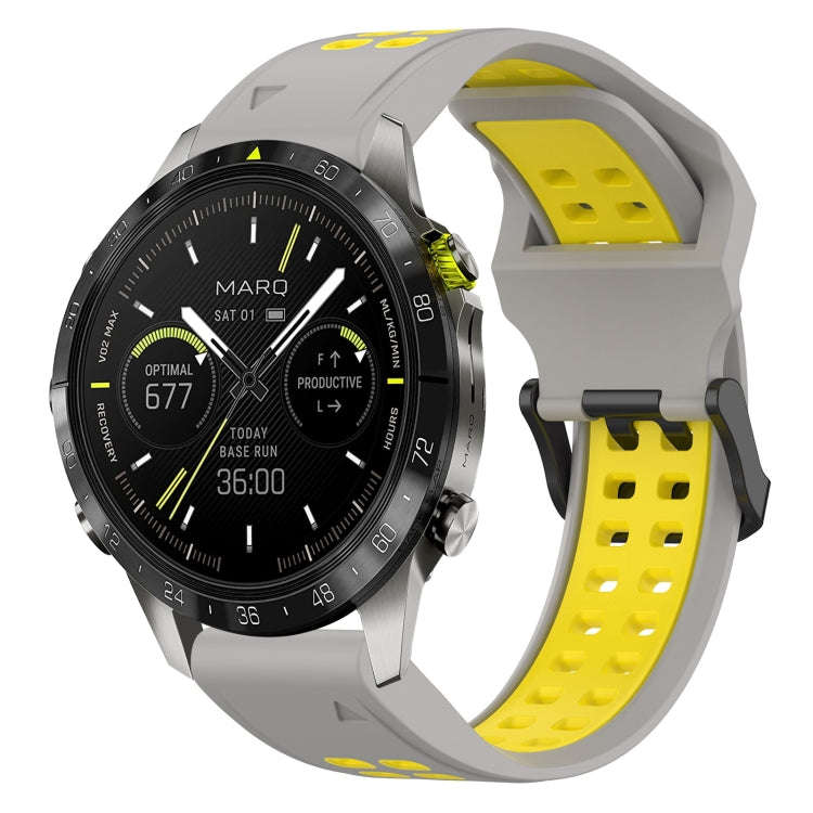 For Garmin MARQ Athlete (Gen 2) Two Color Reverse Buckle 22mm Silicone Watch Band(Grey+Yellow)