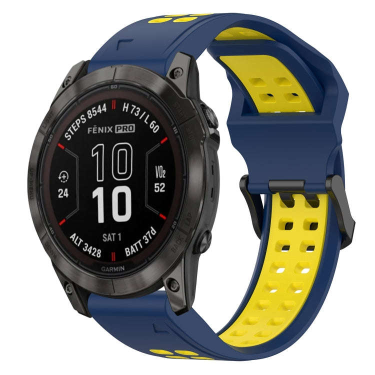 For Garmin Fenix 7X Pro 51mm Two Color Reverse Buckle 26mm Silicone Watch Band(Blue+Yellow)