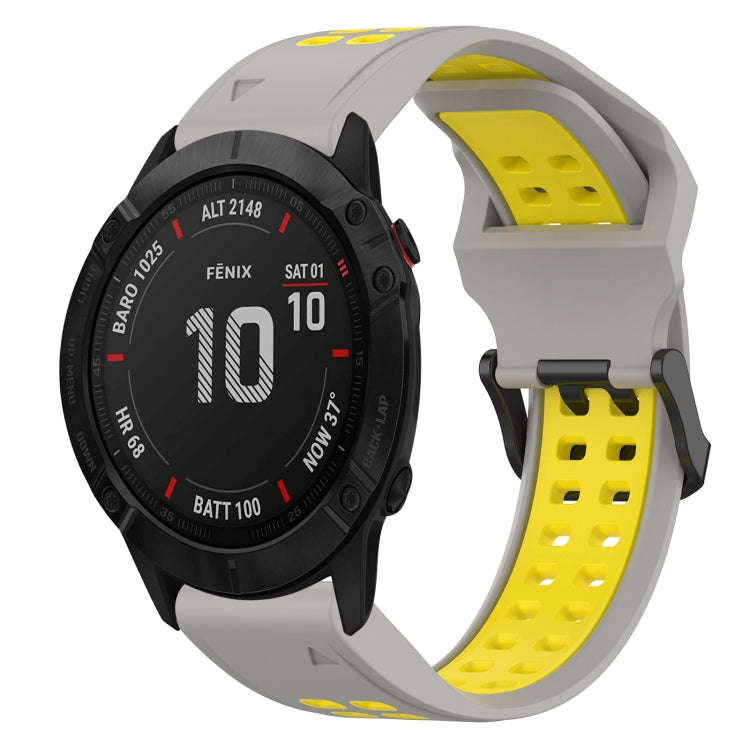 For Garmin Fenix 6X Pro Two Color Reverse Buckle 26mm Silicone Watch Band(Grey+Yellow)