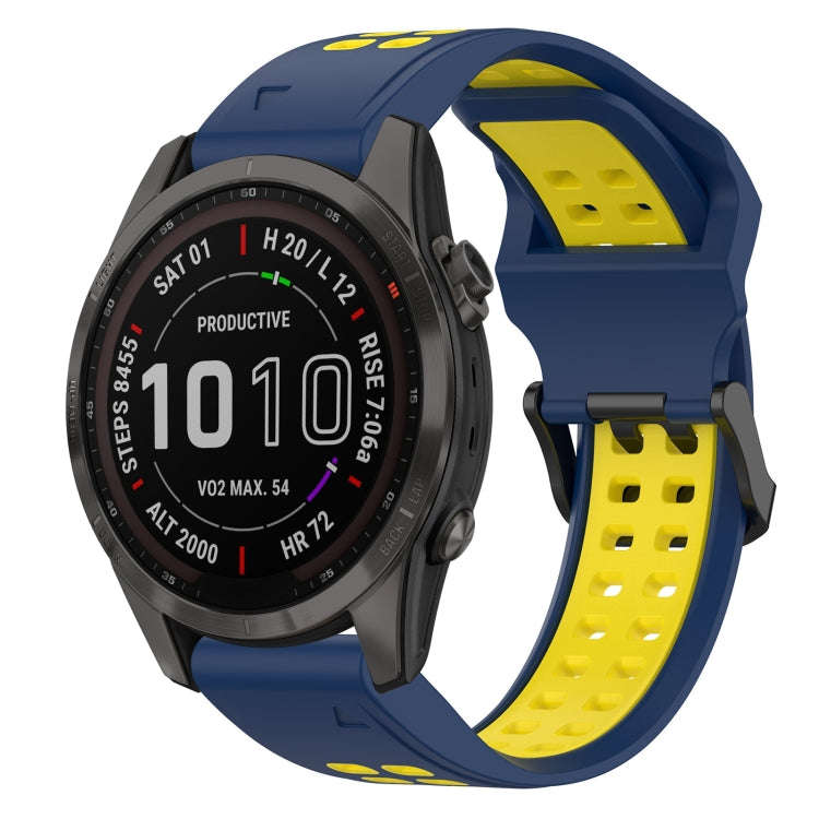 For Garmin Fenix 7S Sapphire Solar Two Color Reverse Buckle 20mm Silicone Watch Band(Blue+Yellow)