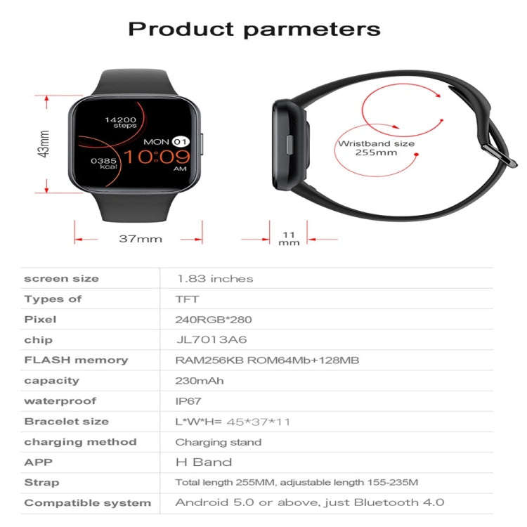 Y83 1.83 inch Color Screen Smart Watch,Support Heart Rate / Blood Pressure / Blood Oxygen / Blood...