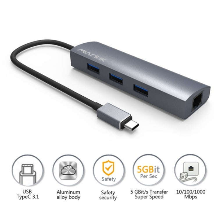 WAVLINK UH3031G/C Gigabit High Speed Hub Adapter Type-C to 3 x USB 3.0 + USB-C + RJ45 + DC Power ...