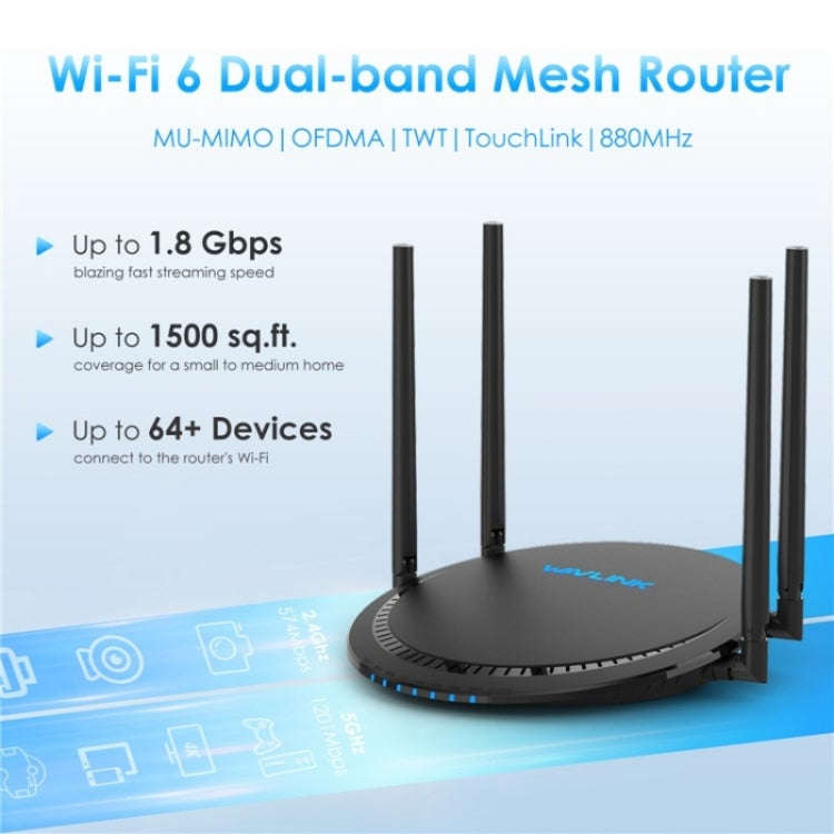 WAVLINK WN531AX2 AX1800 Dual Band Gigabit Wireless Internet Router WiFi 6 Repeater, Plug:US Plug