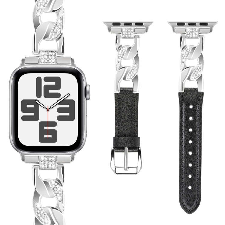 For Apple Watch SE 2023 44mm Rhinestone Denim Chain Leather Watch Band(Black)