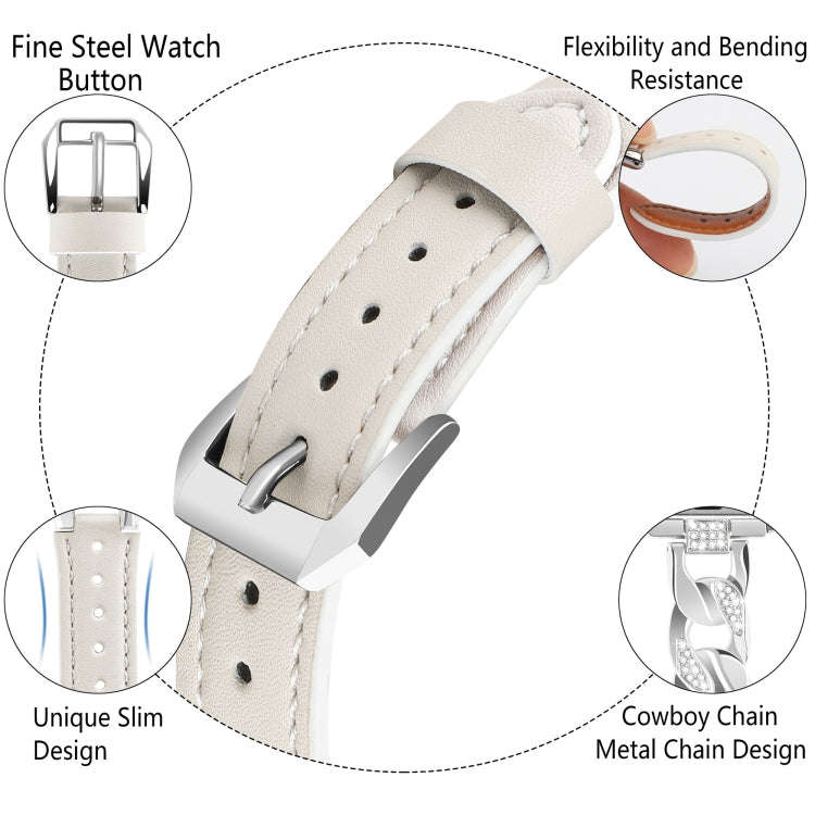 For Apple Watch Ultra 2 49mm Rhinestone Denim Chain Leather Watch Band(Beige)