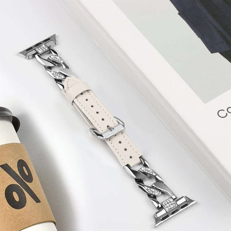 For Apple Watch Ultra 2 49mm Rhinestone Denim Chain Leather Watch Band(Beige)