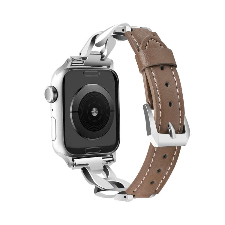 For Apple Watch Ultra 2 49mm Rhinestone Denim Chain Leather Watch Band(Dark Brown)