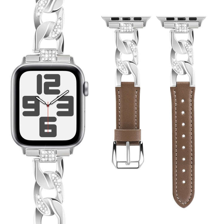 For Apple Watch Ultra 2 49mm Rhinestone Denim Chain Leather Watch Band(Dark Brown)
