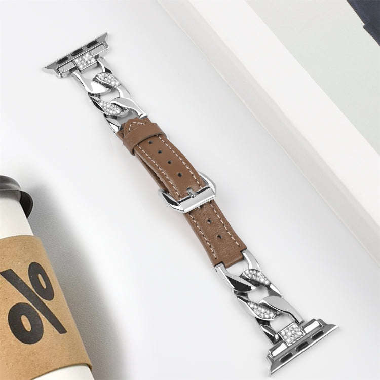 For Apple Watch Ultra 2 49mm Rhinestone Denim Chain Leather Watch Band(Dark Brown)