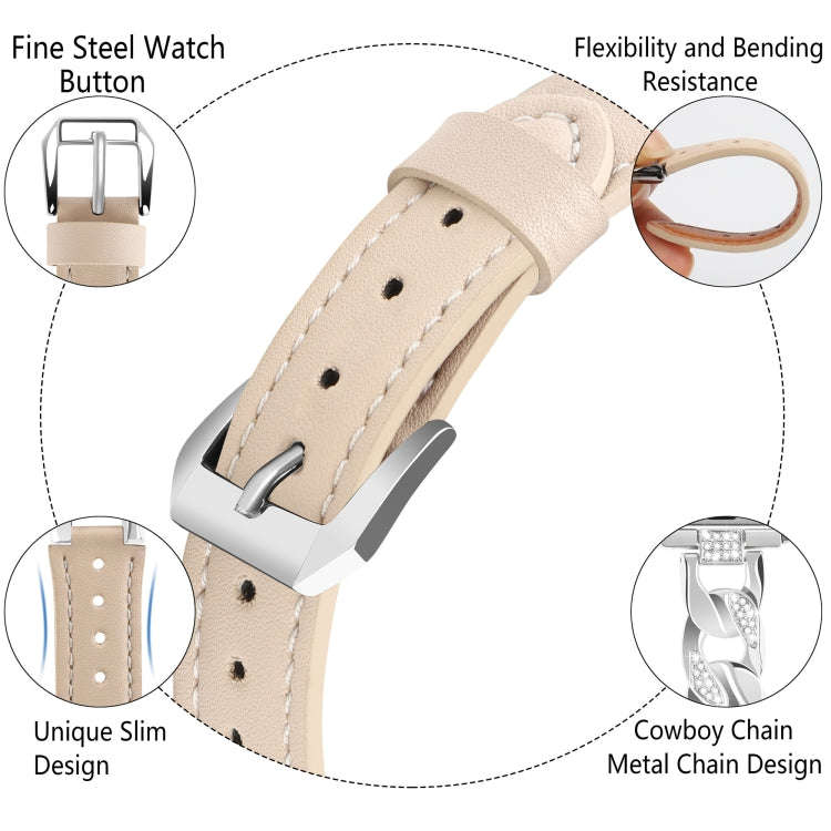 For Apple Watch Ultra 49mm Rhinestone Denim Chain Leather Watch Band(Apricot)