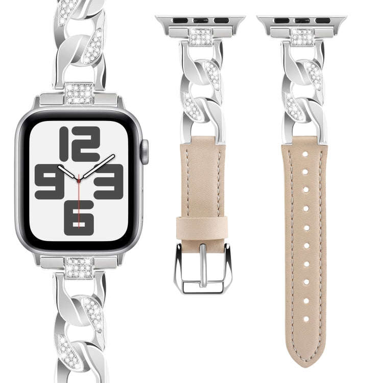 For Apple Watch Ultra 49mm Rhinestone Denim Chain Leather Watch Band(Apricot)