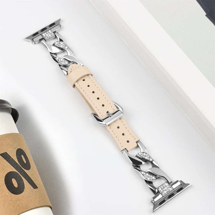 For Apple Watch Ultra 49mm Rhinestone Denim Chain Leather Watch Band(Apricot)