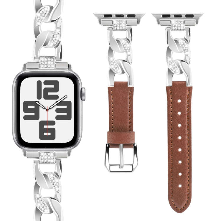 For Apple Watch Series 6 40mm Rhinestone Denim Chain Leather Watch Band(Brown)