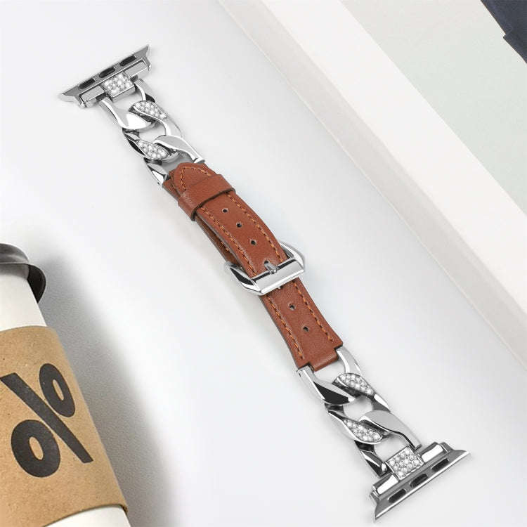 For Apple Watch Series 6 40mm Rhinestone Denim Chain Leather Watch Band(Brown)