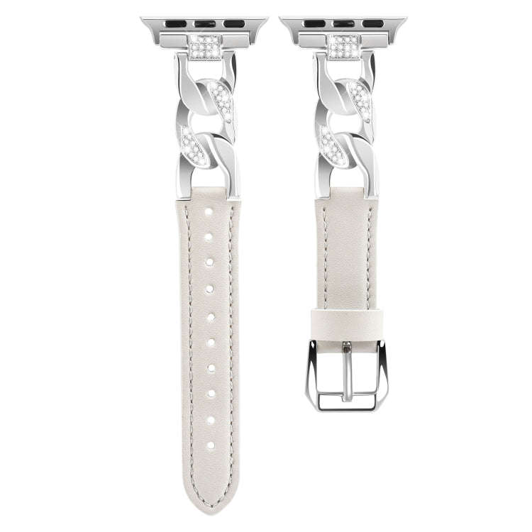 For Apple Watch Series 4 40mm Rhinestone Denim Chain Leather Watch Band(Beige)