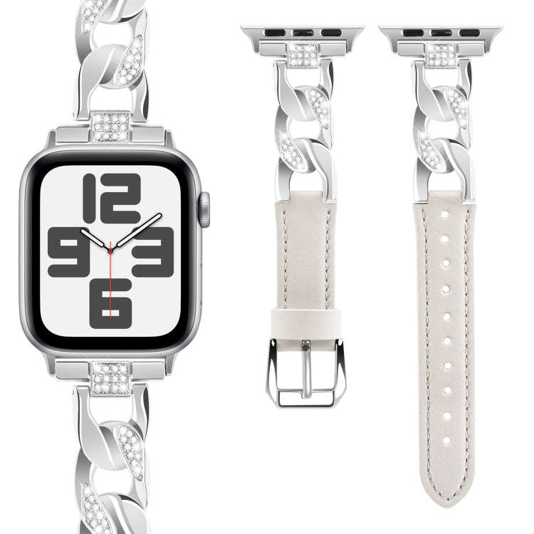 For Apple Watch Series 3 38mm Rhinestone Denim Chain Leather Watch Band(Beige)