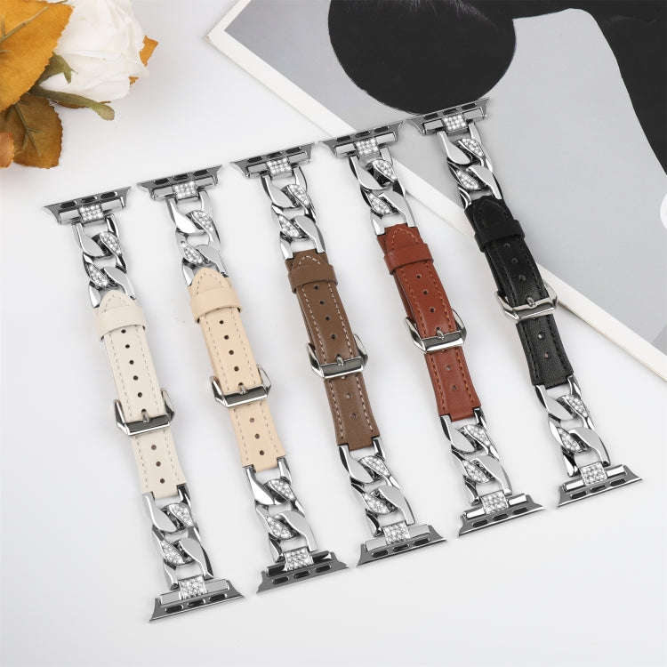 For Apple Watch Ultra 49mm Rhinestone Denim Chain Leather Watch Band(Beige)