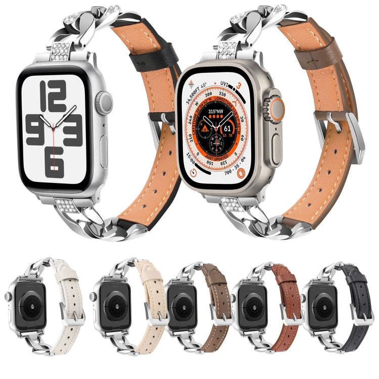 For Apple Watch Ultra 49mm Rhinestone Denim Chain Leather Watch Band(Black)