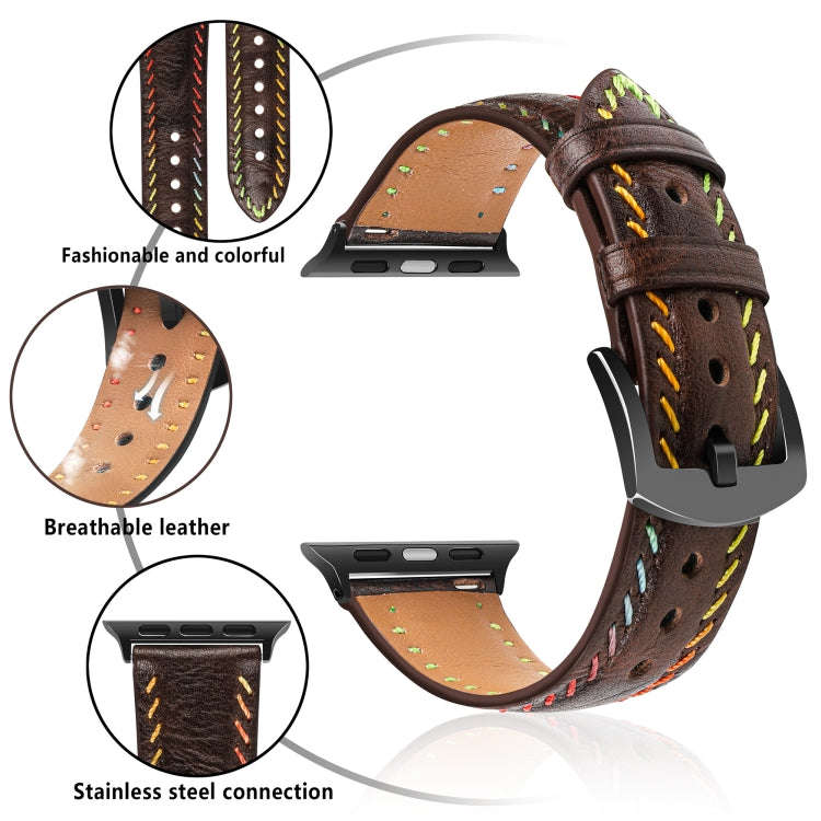 For Apple Watch Series 9 45mm Colorful Sewing Thread Leather Watch Band(Dark Brown)