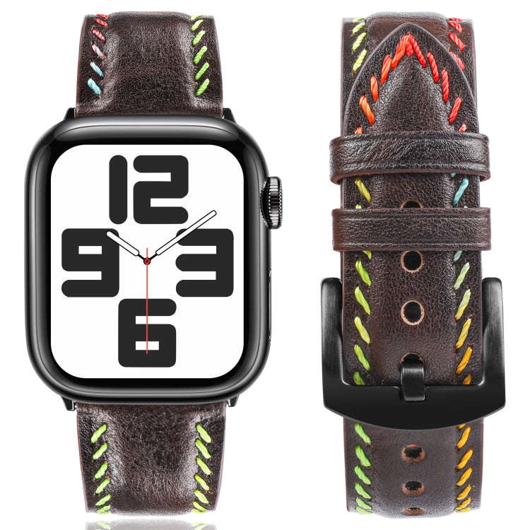 For Apple Watch Series 9 45mm Colorful Sewing Thread Leather Watch Band(Dark Brown)