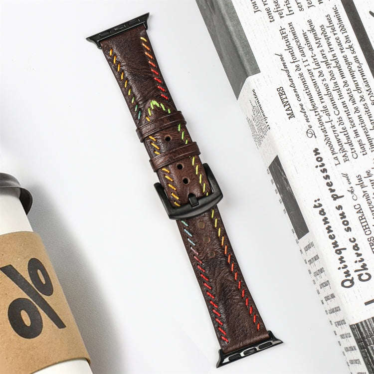 For Apple Watch Series 9 45mm Colorful Sewing Thread Leather Watch Band(Dark Brown)