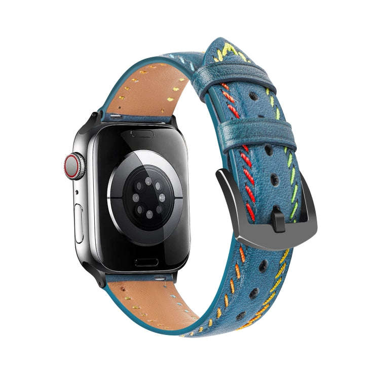 For Apple Watch Ultra 49mm Colorful Sewing Thread Leather Watch Band(Blue)