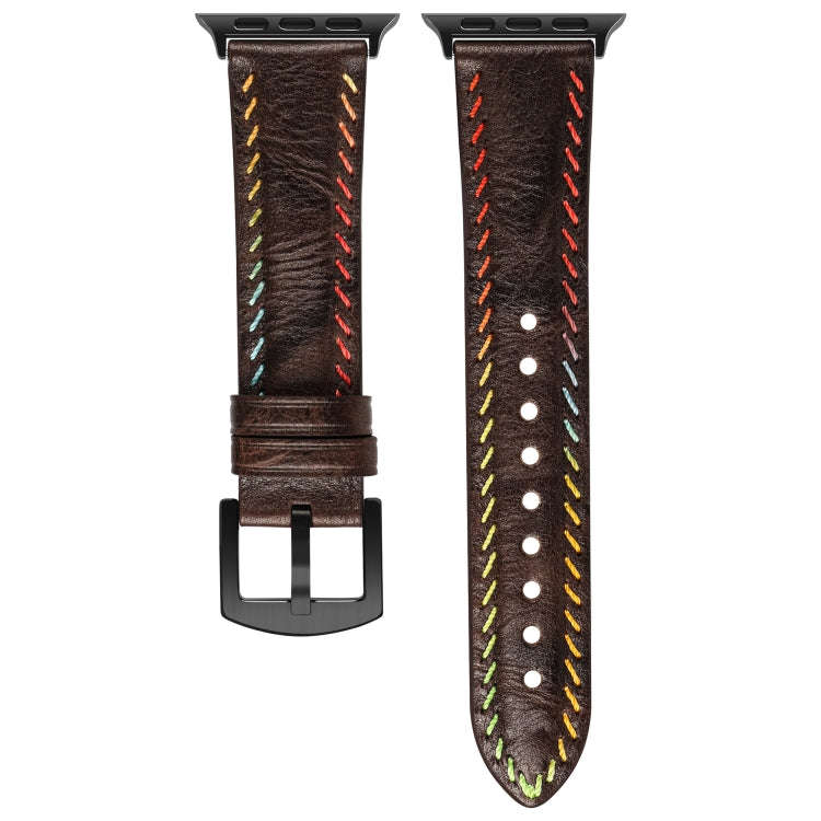 For Apple Watch Series 7 45mm Colorful Sewing Thread Leather Watch Band(Dark Brown)