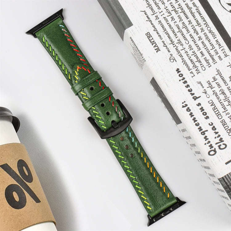 For Apple Watch Series 4 44mm Colorful Sewing Thread Leather Watch Band(Green)