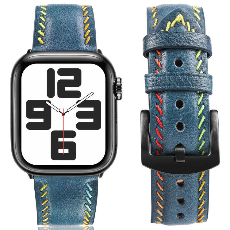 For Apple Watch Series 3 38mm Colorful Sewing Thread Leather Watch Band(Blue)