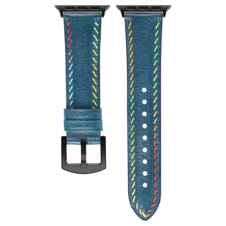 For Apple Watch Series 3 38mm Colorful Sewing Thread Leather Watch Band(Blue)