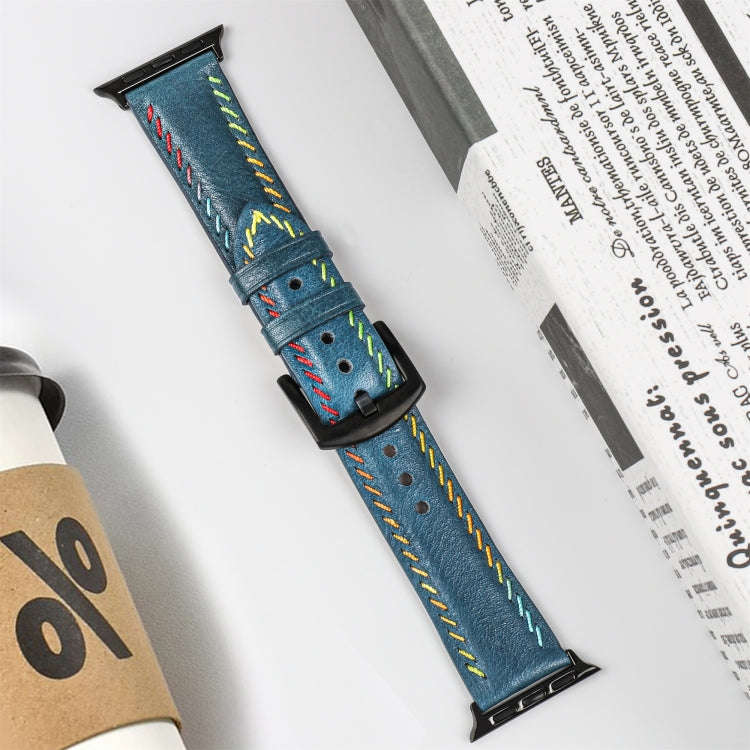 For Apple Watch Series 3 38mm Colorful Sewing Thread Leather Watch Band(Blue)