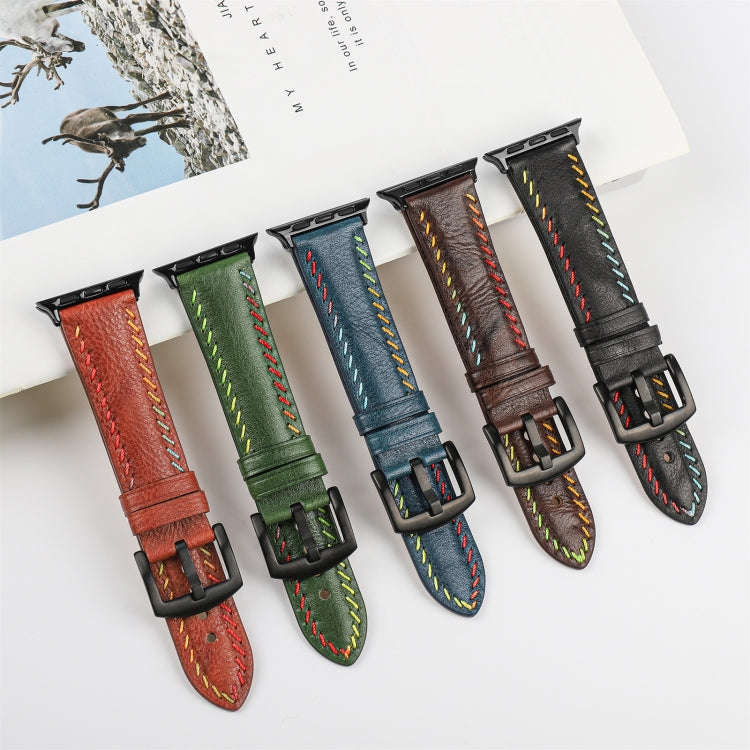 For Apple Watch Series 3 38mm Colorful Sewing Thread Leather Watch Band(Blue)