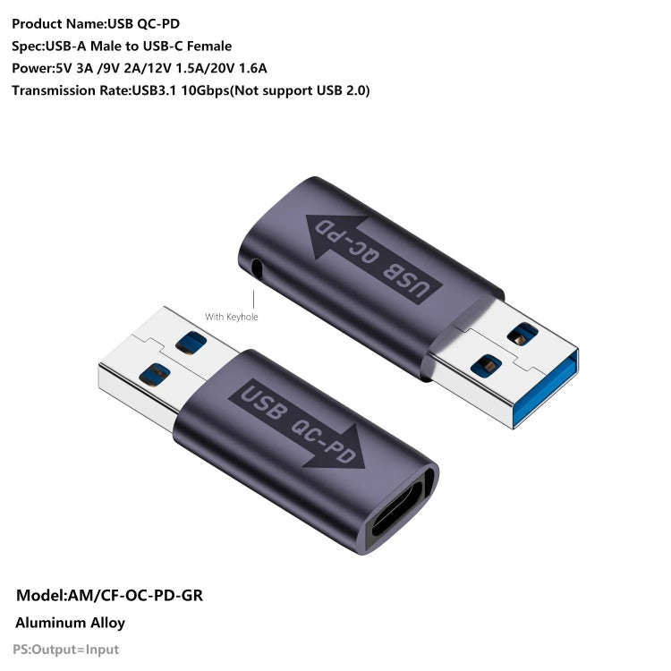 USB-A  Male QC3.1 to Type-C Female PD 10Gbps Converter Adapter, Model:Grey without Indicator Light