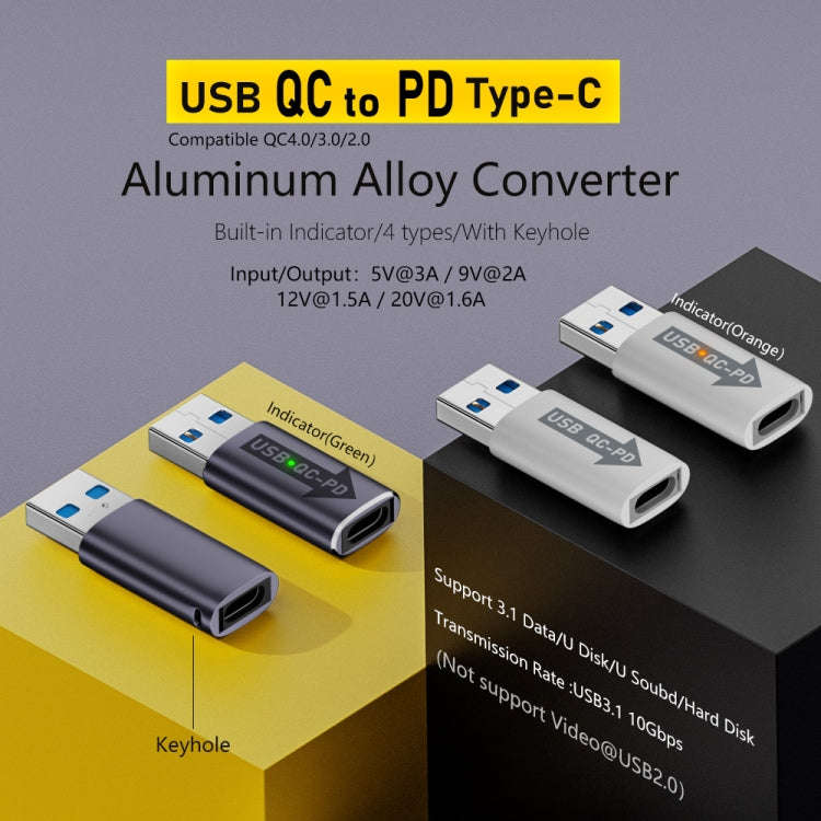 USB-A  Male QC3.1 to Type-C Female PD 10Gbps Converter Adapter, Model:Grey with Indicator Light