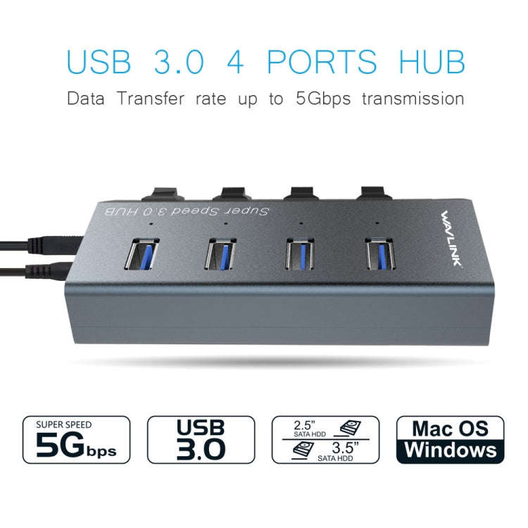 WAVLINK WL-UH3049 USB 3.0 4-Ports Desktop Fast Charger Station with Independent Switch(UK Plug)