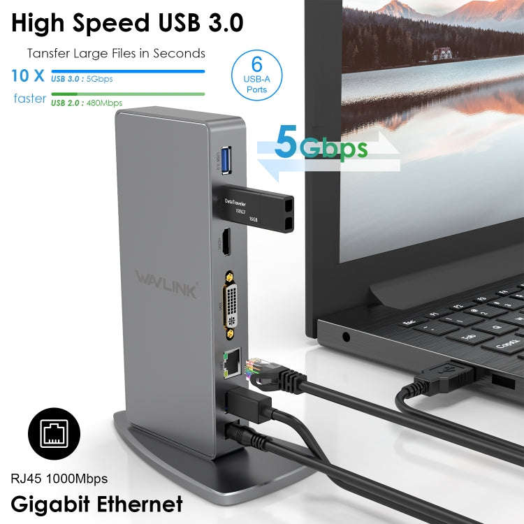 WAVLINK WL-UG39DK7 USB3.0 Hub Adapter Multi-Screen Graphics Card Universal Docking Station, Plug:...