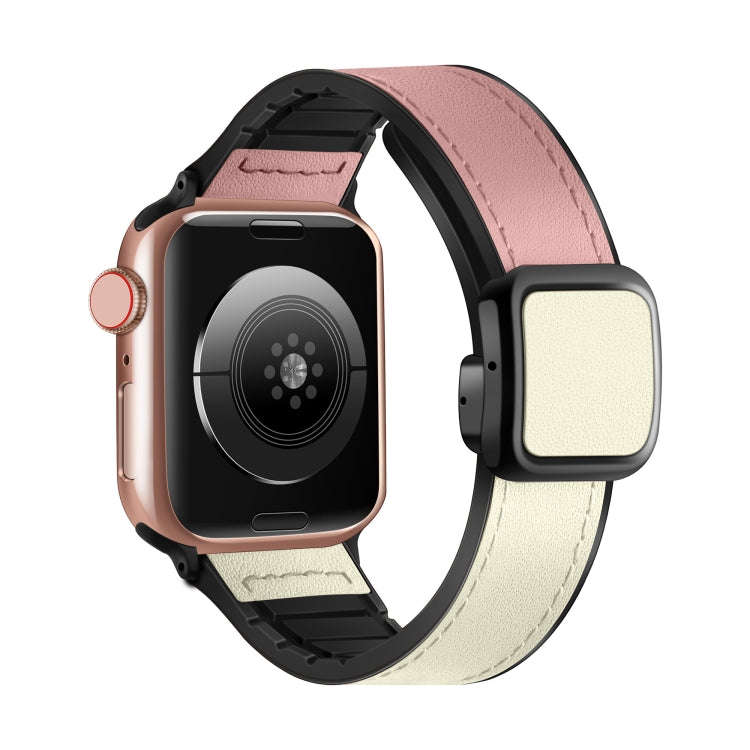 For Apple Watch SE 2022 40mm Fold Magnetic Square Buckle PU Silicone Watch Band(Pink White)