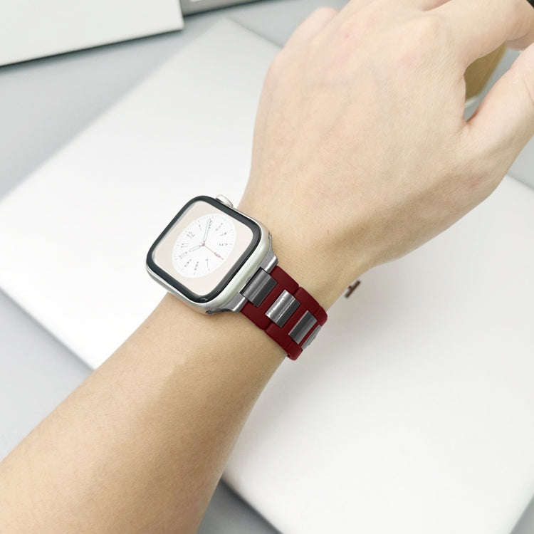 For Apple Watch Ultra 2 49mm Rubber Stainless Steel Magnetic Watch Band(Wine+Black)