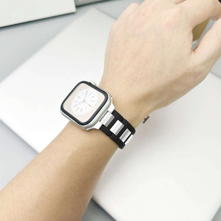 For Apple Watch Ultra 2 49mm Rubber Stainless Steel Magnetic Watch Band(Black+Silver)