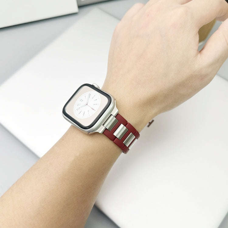 For Apple Watch Ultra 49mm Rubber Stainless Steel Magnetic Watch Band(Wine+Silver)
