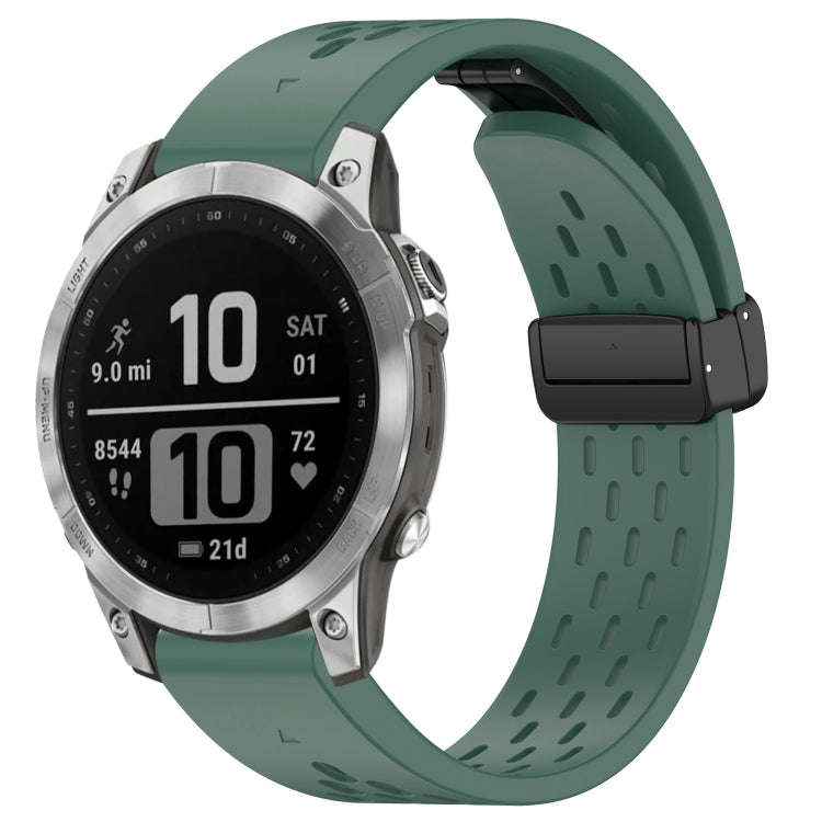 For Garmin Fenix 7 / Fenix 7 Pro 22mm Holes Magnetic Folding Buckle Silicone Watch Band(Dark Green)