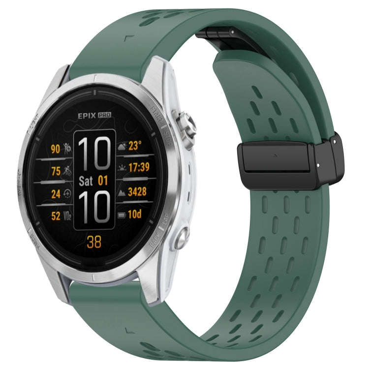 For Garmin Epix Pro 42mm 20mm Holes Magnetic Folding Buckle Silicone Watch Band(Dark Green)