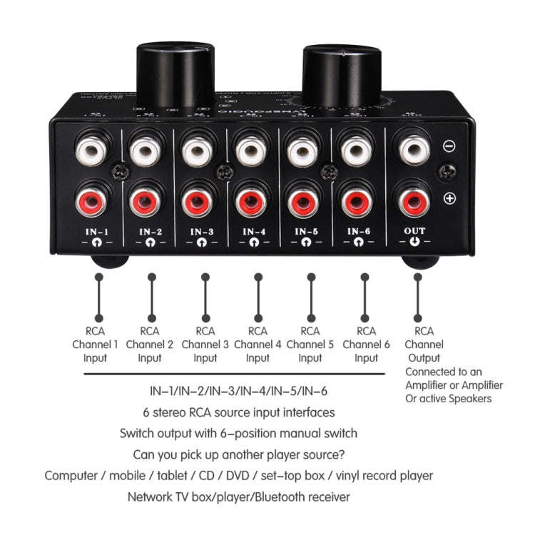 B016 6 Input 1 Output Audio Signal Source Selection Switcher, Output Volume Adjustment Control RC...