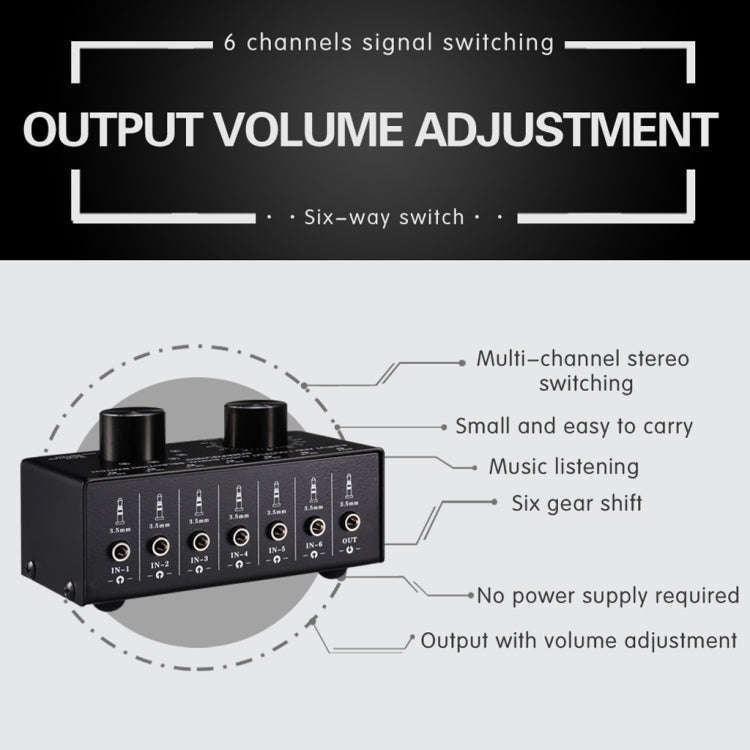 B017 6 Input 1 Output Audio Signal Selection Switcher Output Volume Adjustment Control 3.5mm Inte...