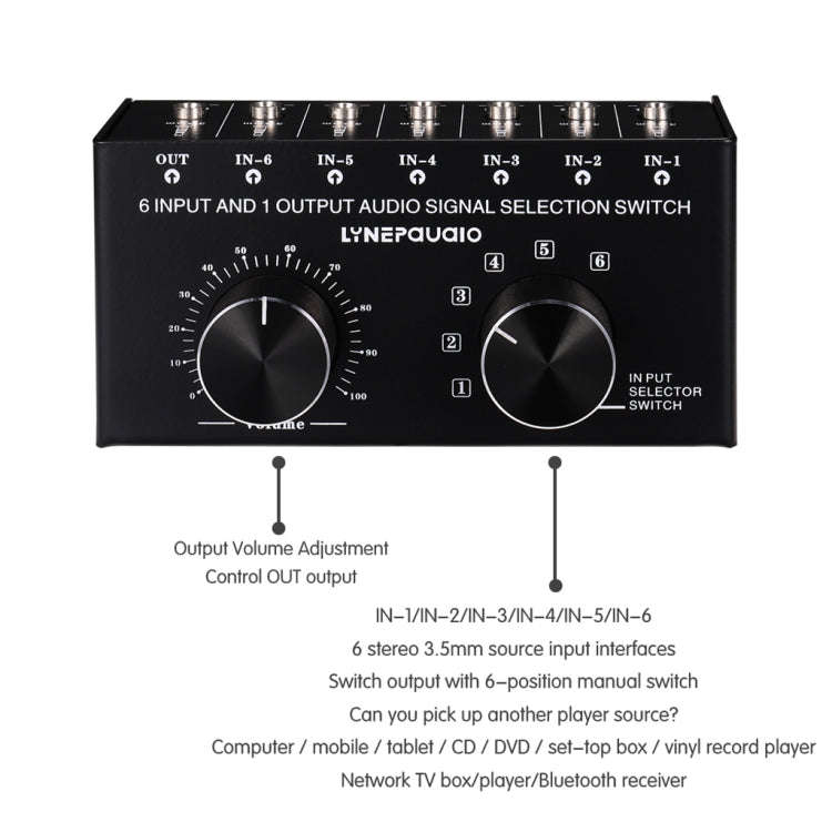 B017 6 Input 1 Output Audio Signal Selection Switcher Output Volume Adjustment Control 3.5mm Inte...
