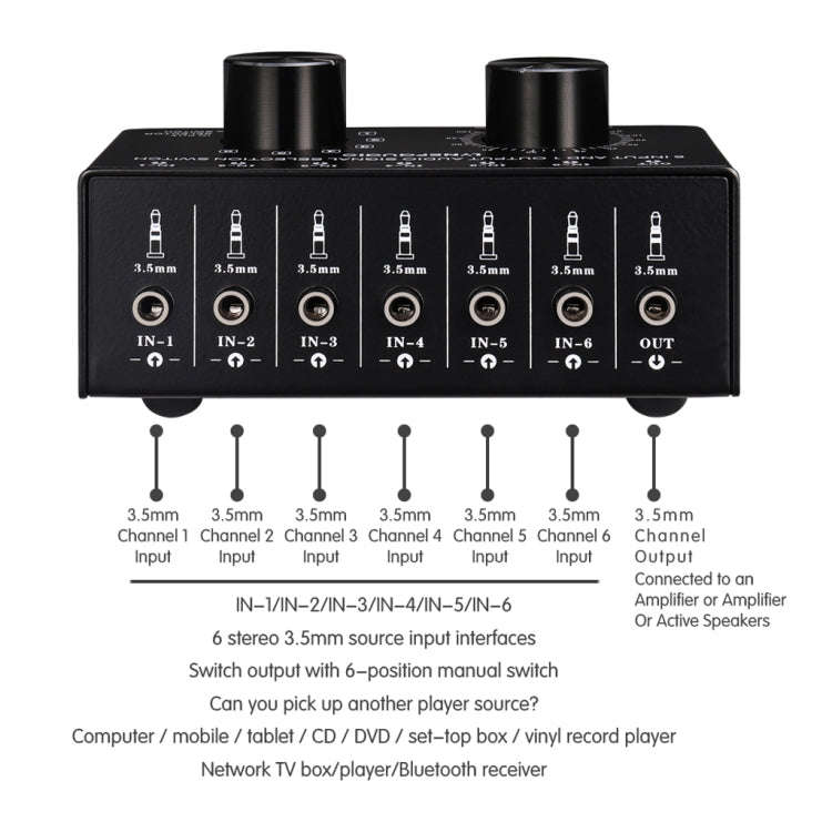 B017 6 Input 1 Output Audio Signal Selection Switcher Output Volume Adjustment Control 3.5mm Inte...