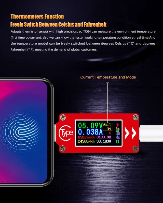 TC64 Color Ccreen PD Fast Charge Detection Type-C Voltage Current Meter Tester
