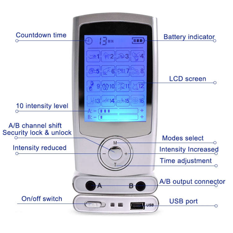 16 Mode Digital Electronic Pulse Massager Muscle Stimulator Pain Relief Machine(Silver)