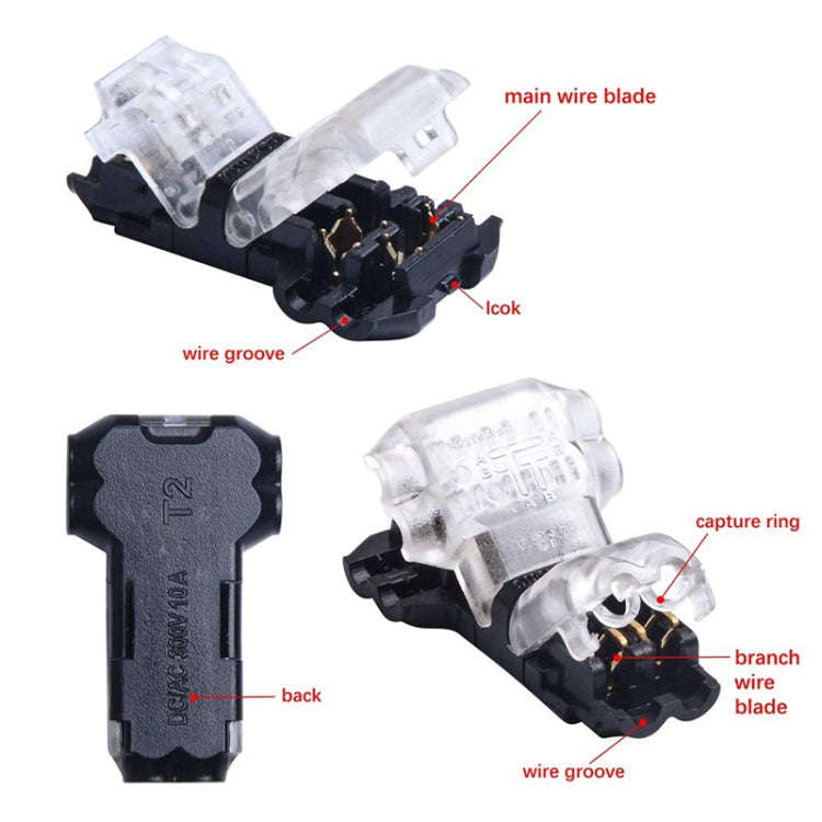 5PCS Peel-free Quick Connector Two-core T-type 2-wire Stripping Terminal Block, Random Color Deli...